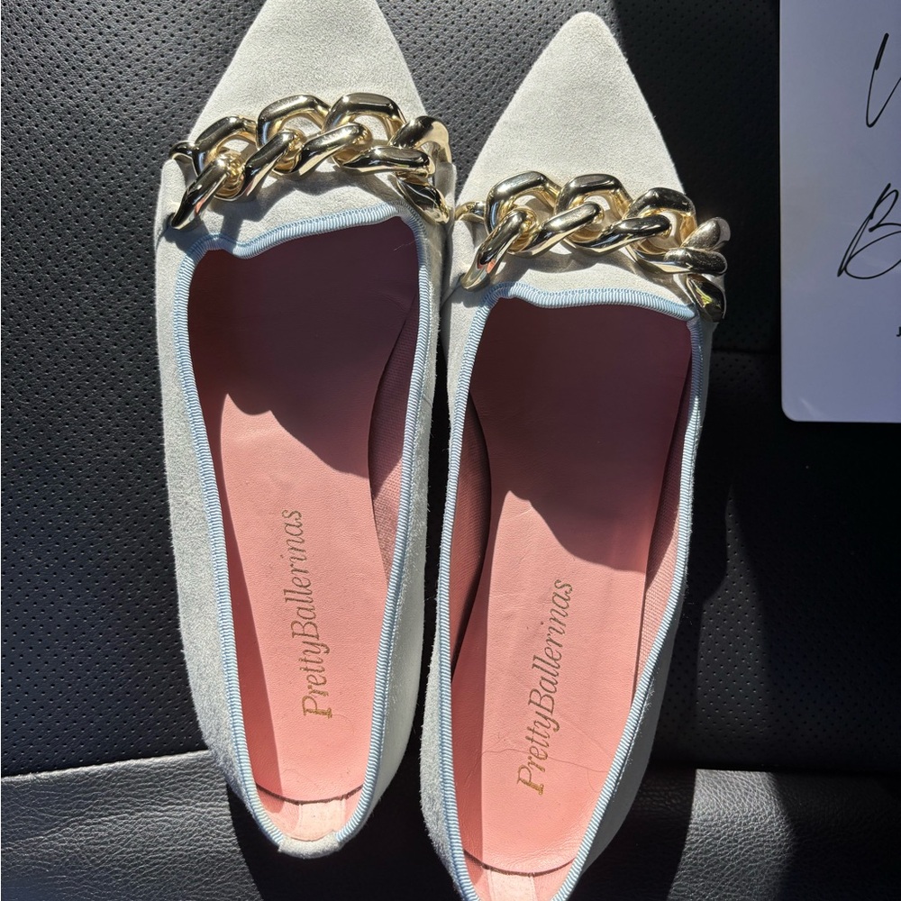 Pretty Ballerinas Cream Flats with Gold Chain Accent